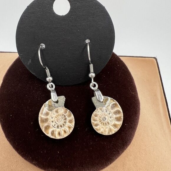 Natural Ammonite Fossil Gesmtone Silver Earrings Handmade Lightweight Miniature - Picture 1 of 5
